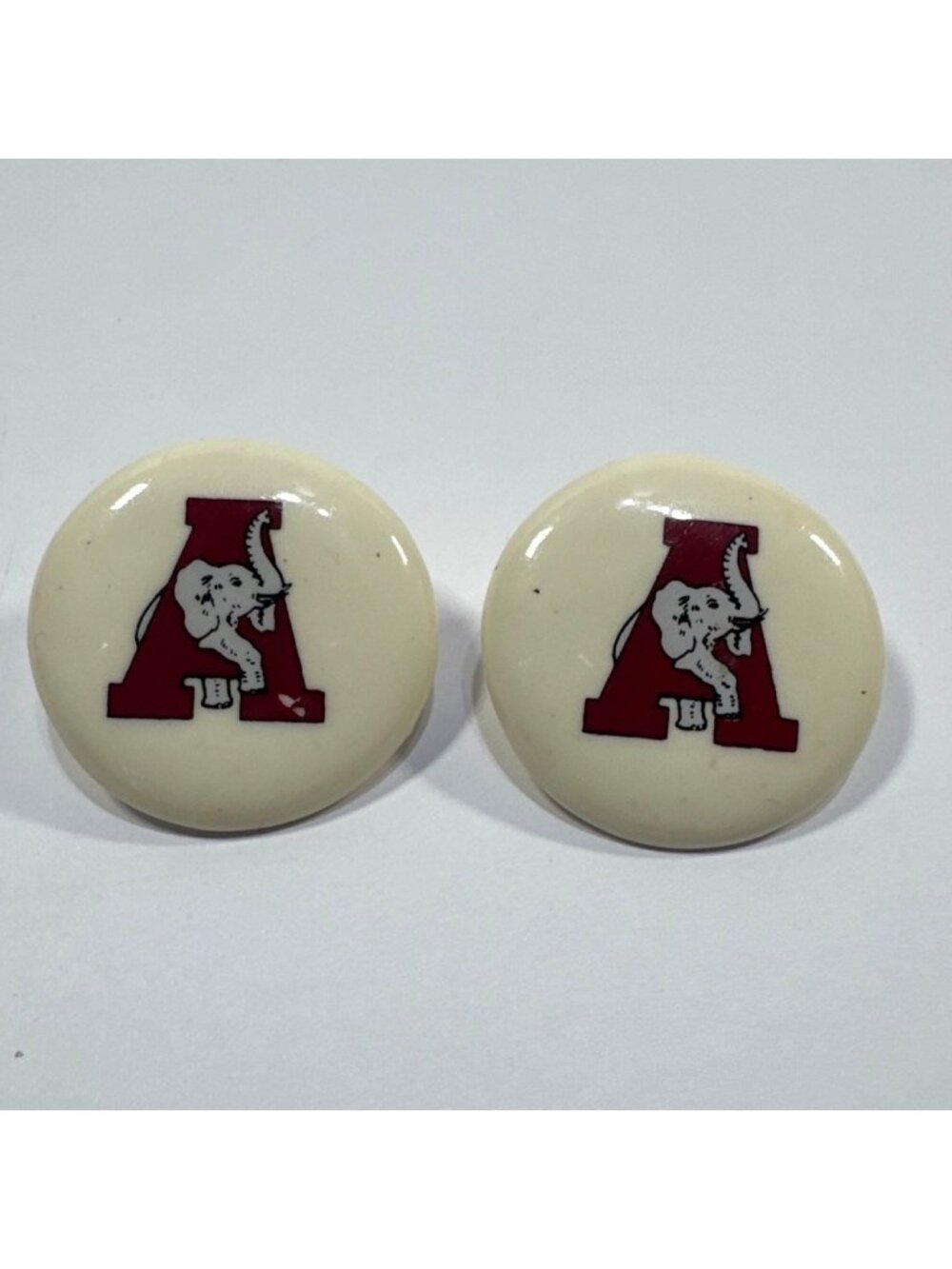 Vintage Alabama Button Earrings Plastic Round Red & White Elephant
